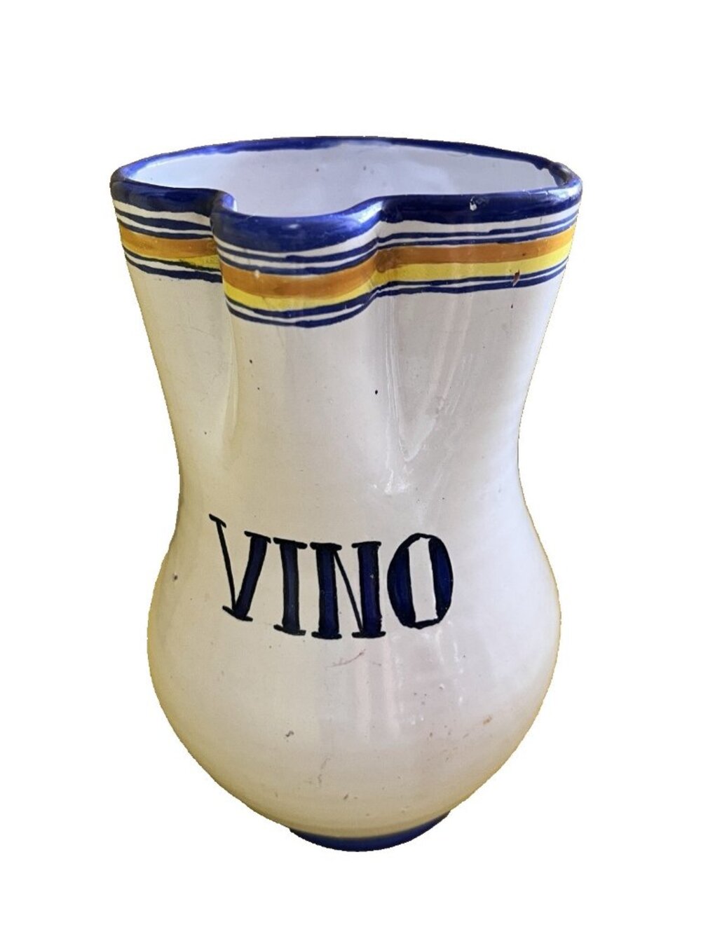 VINO Majolica Talavera Wine Pitcher Hand Painted Made in Spain 10"H Blue White